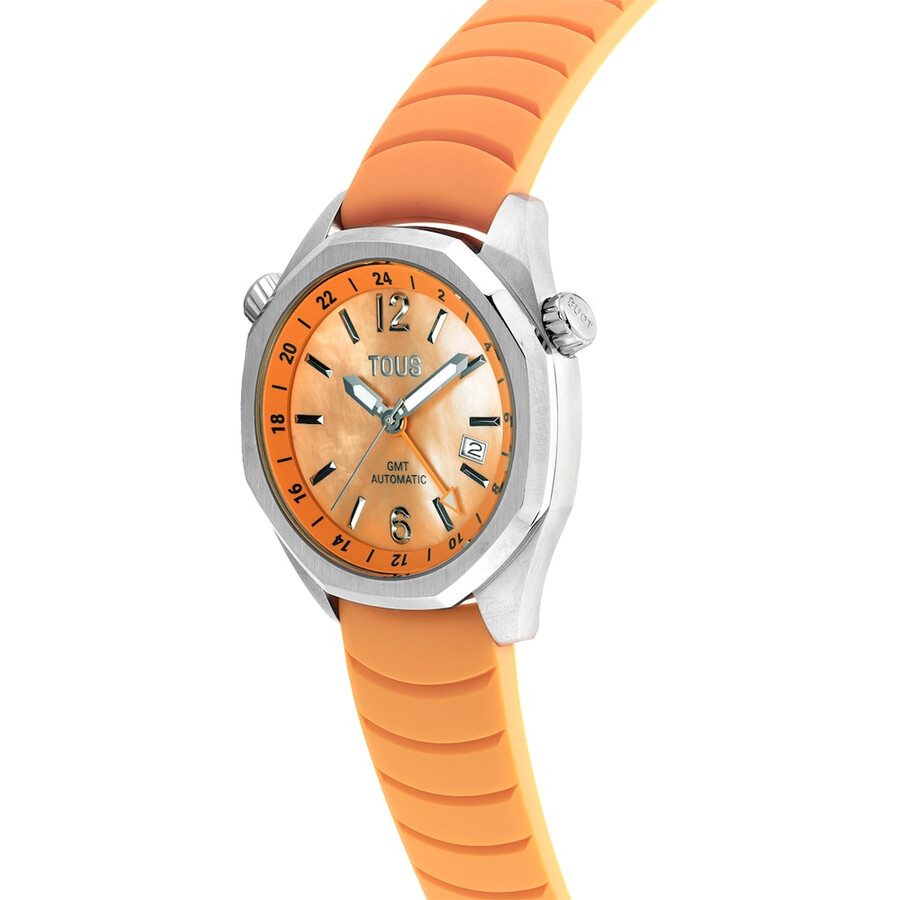 orologio automatico gmt con cinturino in silicone color salmone cassa in acciaio e quadrante in madreperla tous now