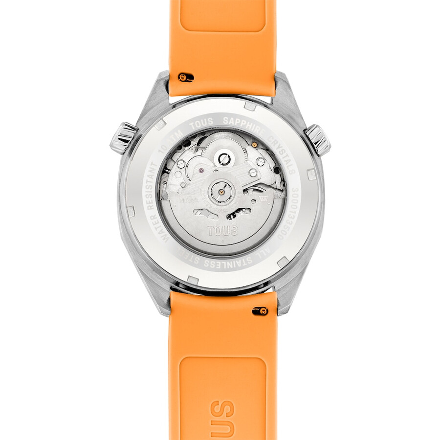 orologio automatico gmt con cinturino in silicone color salmone cassa in acciaio e quadrante in madreperla tous now