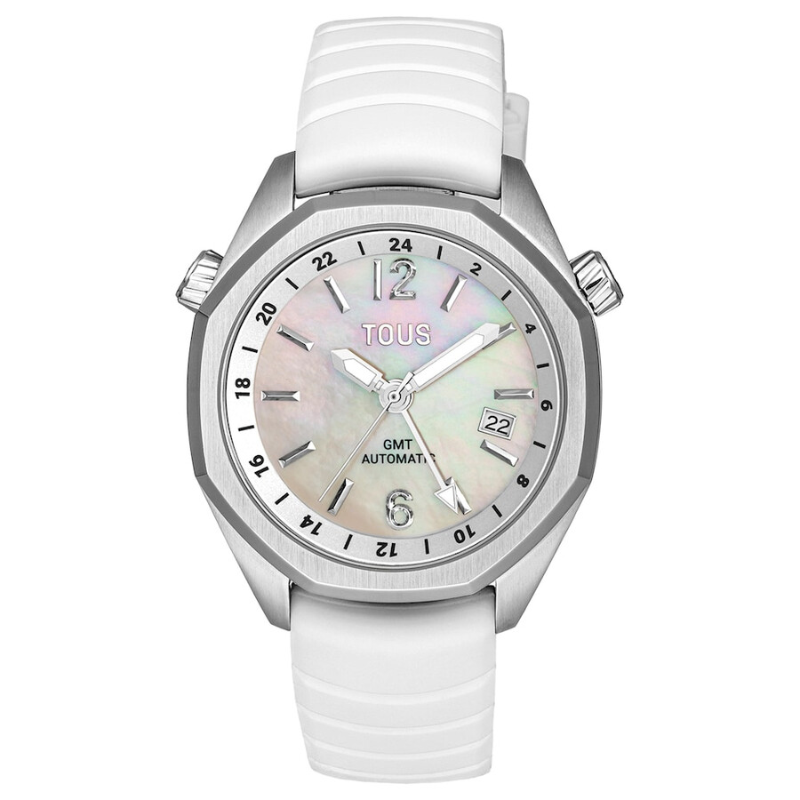 orologio automatico gmt con cinturino in silicone bianco cassa in acciaio e quadrante in madreperla tous now