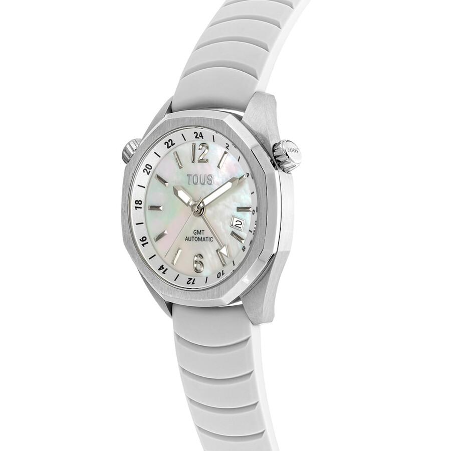 orologio automatico gmt con cinturino in silicone bianco cassa in acciaio e quadrante in madreperla tous now