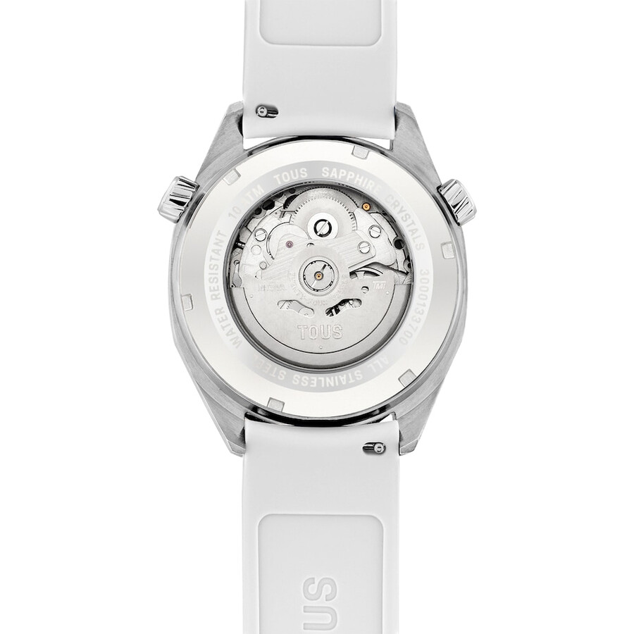orologio automatico gmt con cinturino in silicone bianco cassa in acciaio e quadrante in madreperla tous now