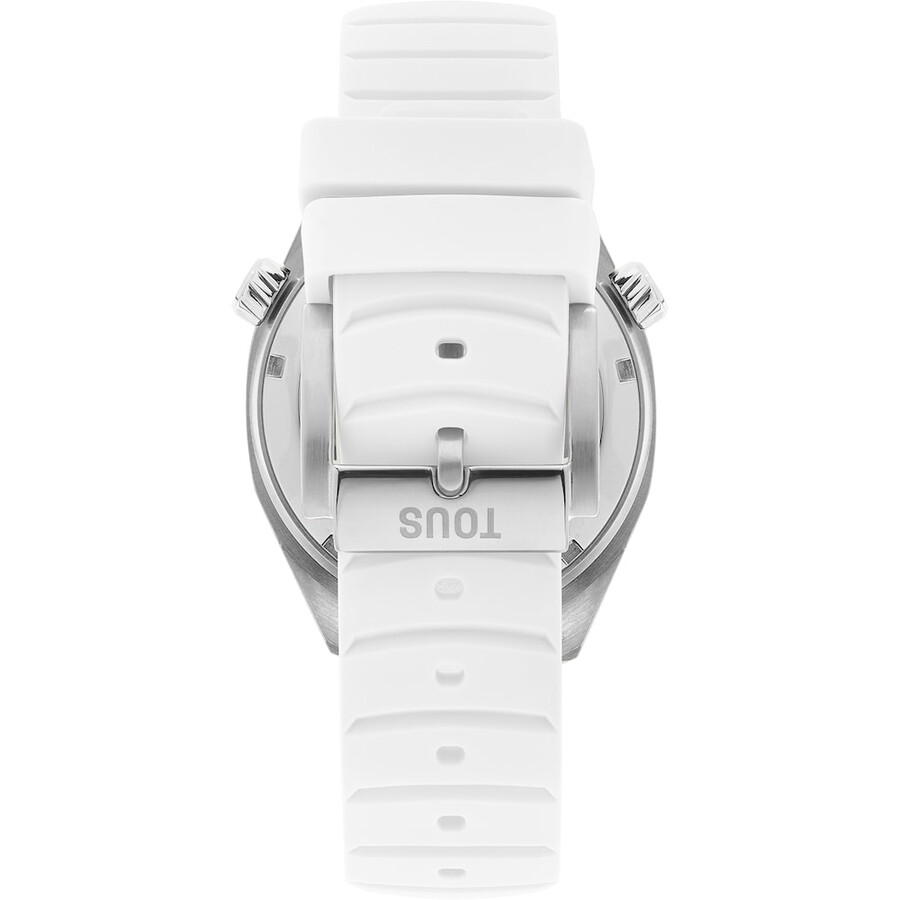 orologio automatico gmt con cinturino in silicone bianco cassa in acciaio e quadrante in madreperla tous now