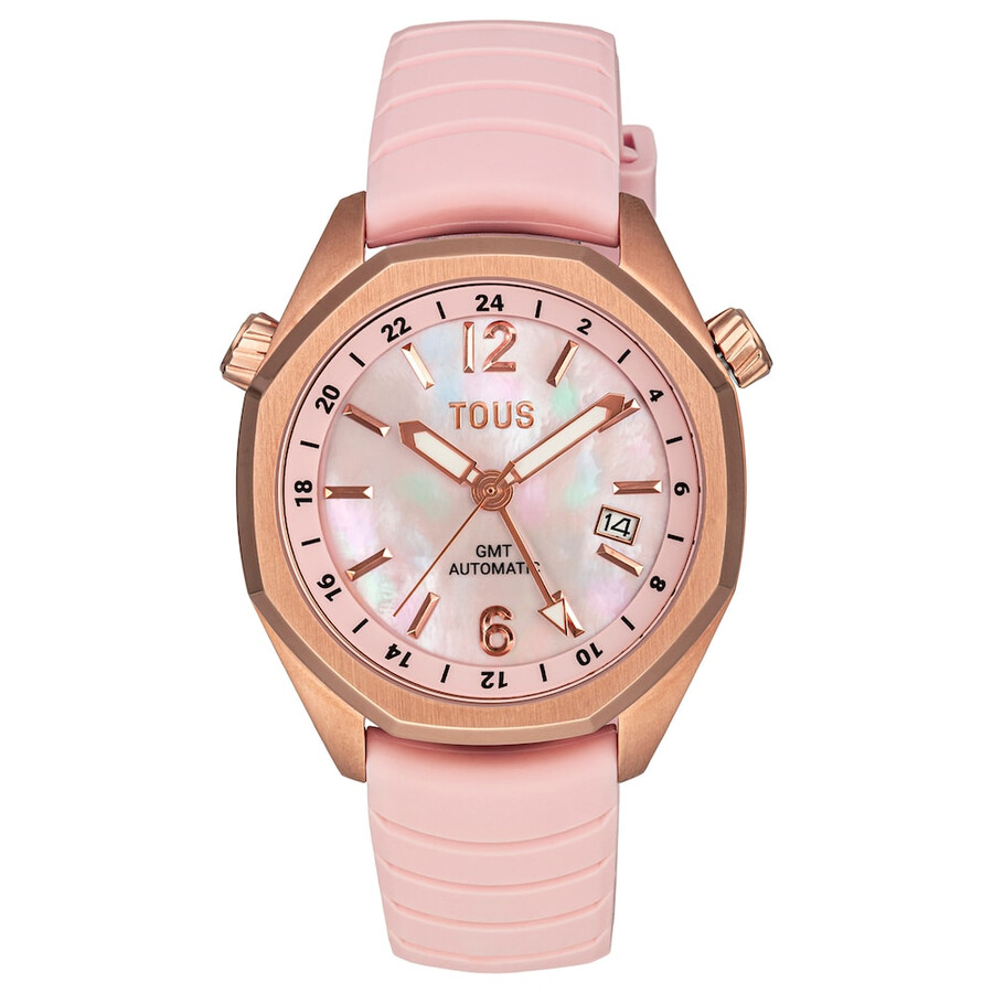 orologio automatico gmt con cinturino in silicone rosa cassa in acciaio iprg color rosa e quadrante in madreperla tous now