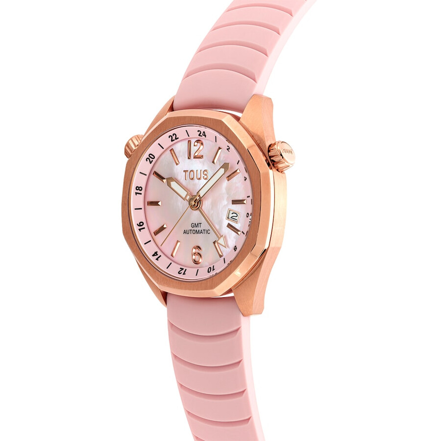 orologio automatico gmt con cinturino in silicone rosa cassa in acciaio iprg color rosa e quadrante in madreperla tous now