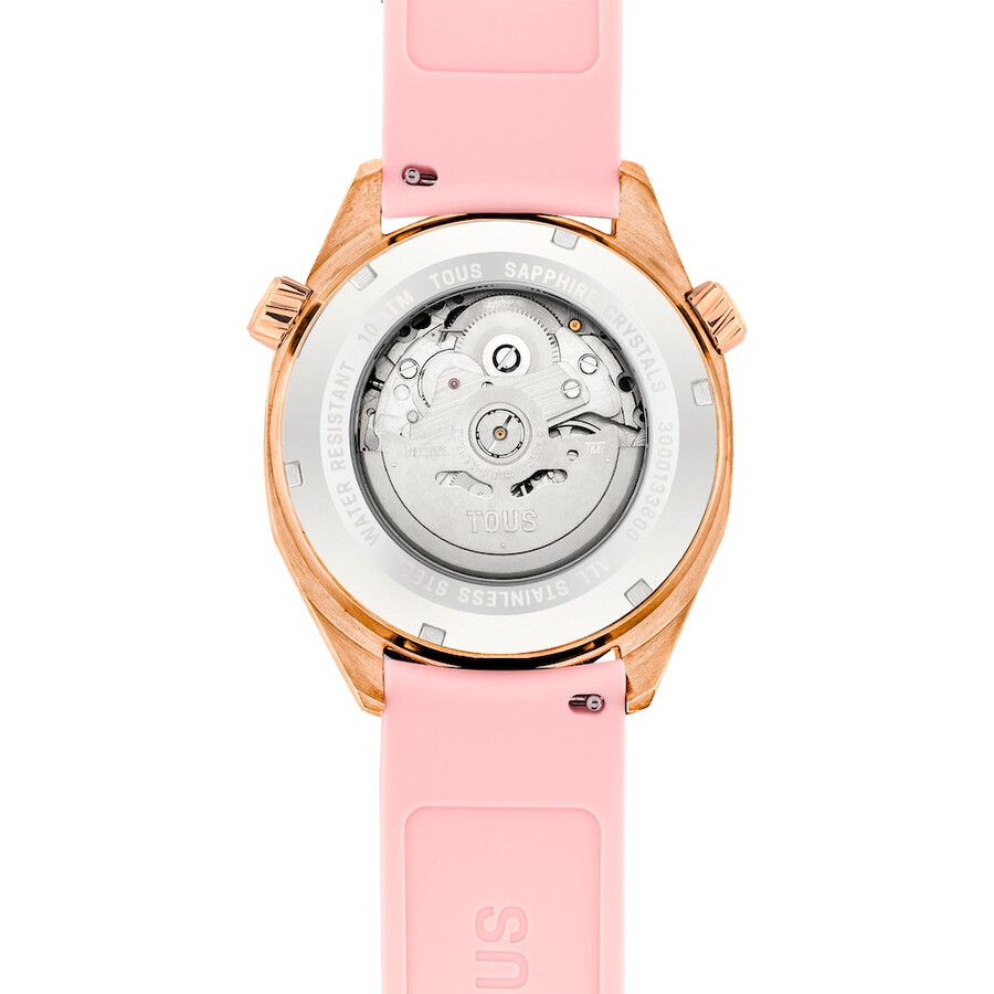 orologio automatico gmt con cinturino in silicone rosa cassa in acciaio iprg color rosa e quadrante in madreperla tous now