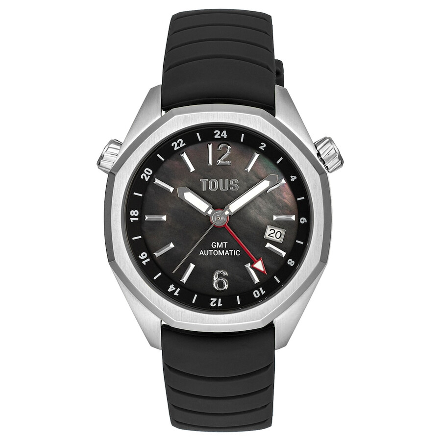 orologio automatico gmt con cinturino in silicone nero cassa in acciaio e quadrante in madreperla tous now.