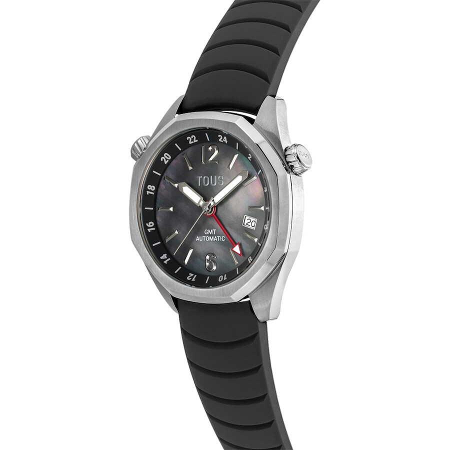 orologio automatico gmt con cinturino in silicone nero cassa in acciaio e quadrante in madreperla tous now.