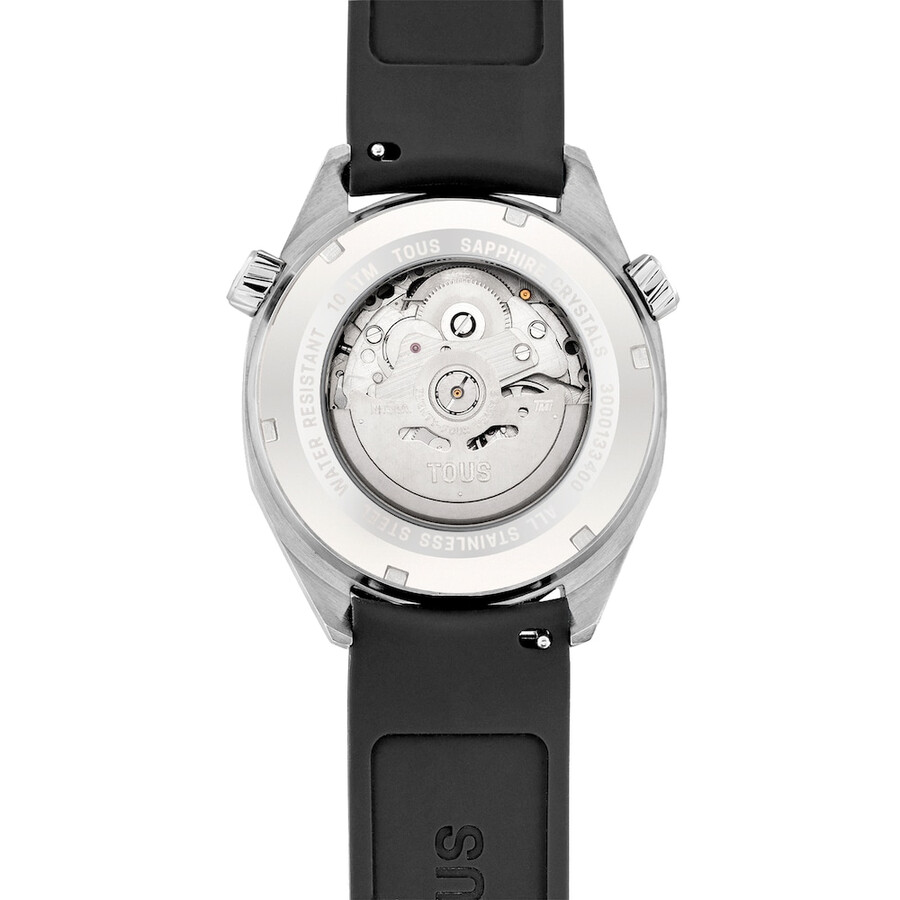 orologio automatico gmt con cinturino in silicone nero cassa in acciaio e quadrante in madreperla tous now.