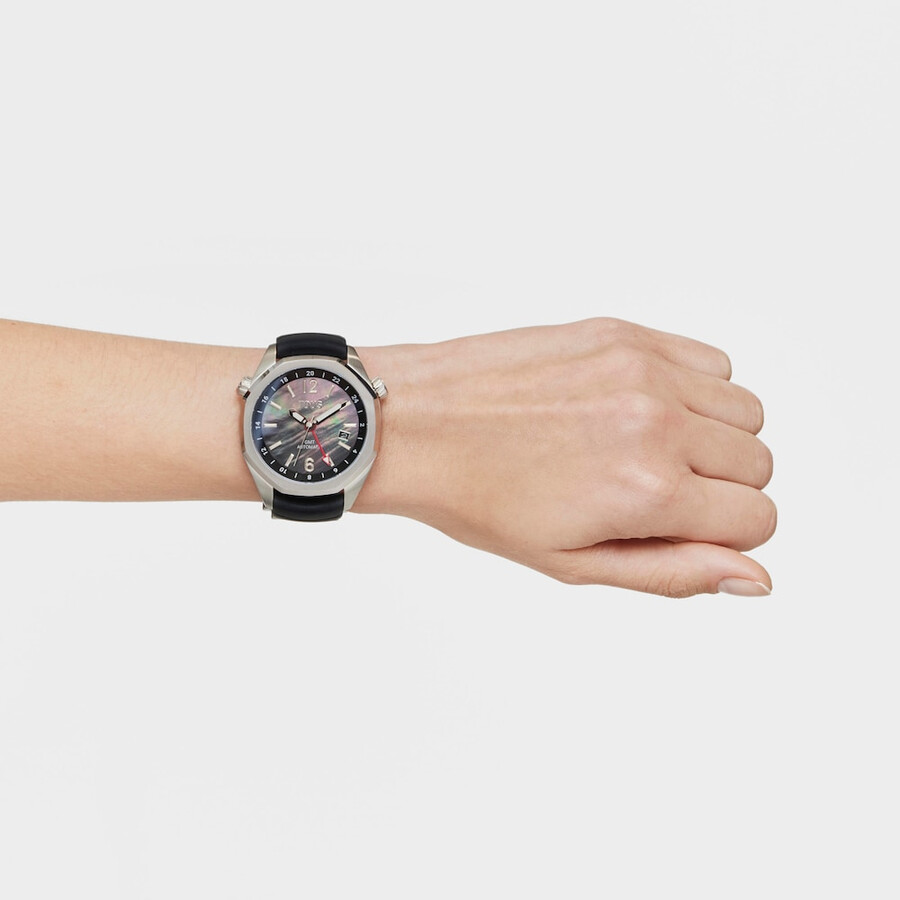 orologio automatico gmt con cinturino in silicone nero cassa in acciaio e quadrante in madreperla tous now.
