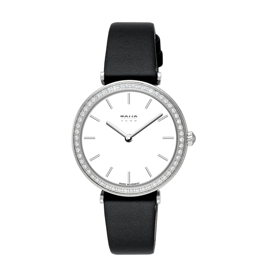 orologio analogico in acciaio con movimento svizzero diamanti da 049 ct e cinturino in pelle nera les classiques