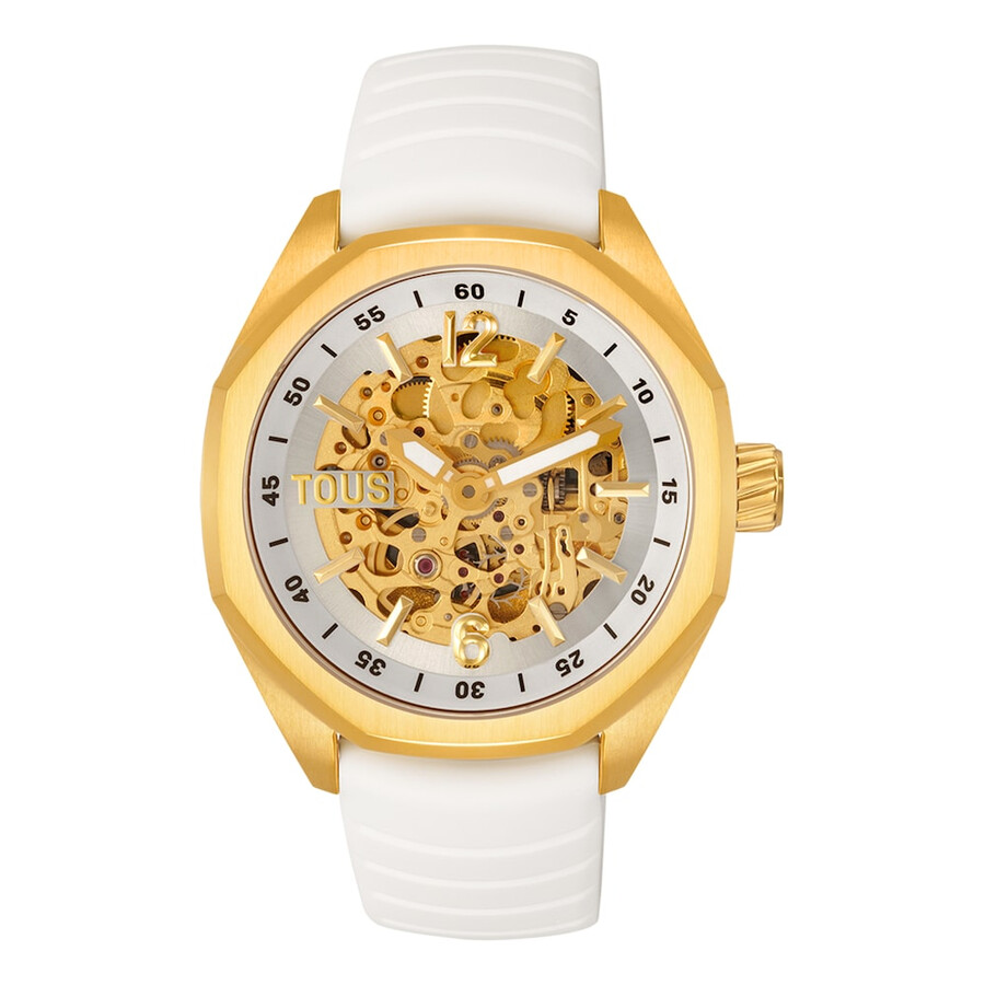 orologio analogico automatico con cassa in acciaio ip color oro e cinturino in silicone bianco tous now