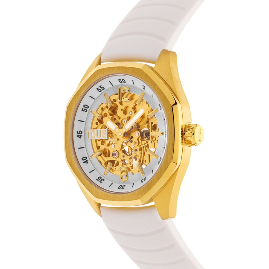 orologio analogico automatico con cassa in acciaio ip color oro e cinturino in silicone bianco tous now