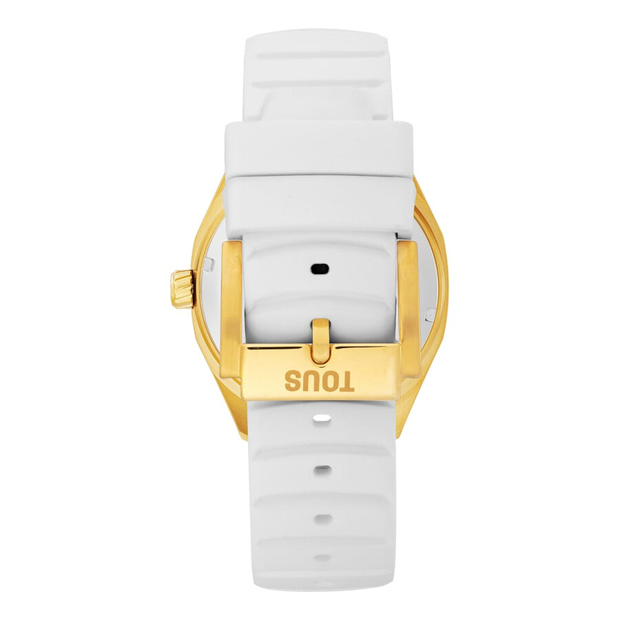 orologio analogico automatico con cassa in acciaio ip color oro e cinturino in silicone bianco tous now