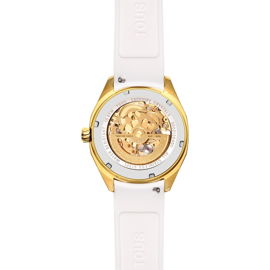 orologio analogico automatico con cassa in acciaio ip color oro e cinturino in silicone bianco tous now