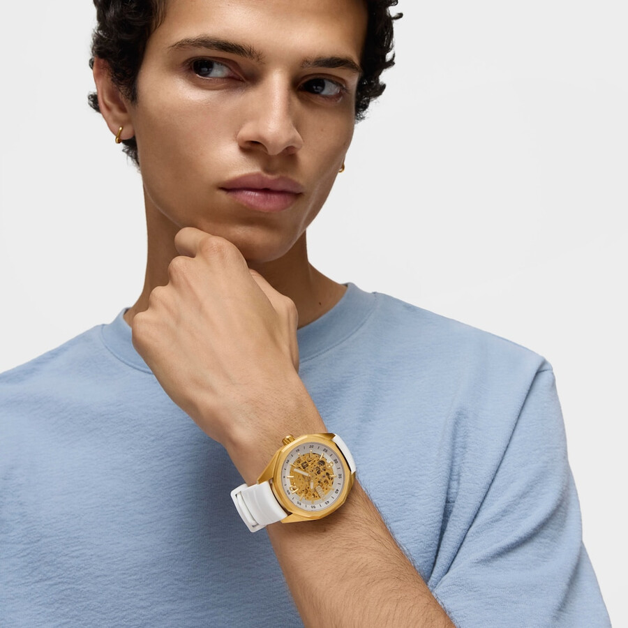 orologio analogico automatico con cassa in acciaio ip color oro e cinturino in silicone bianco tous now