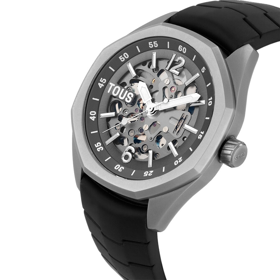 orologio analogico automatico con cassa in titanio e cinturino in gomma nera tous now
