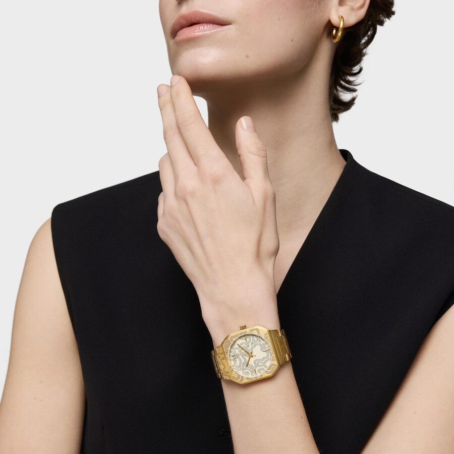 orologio analogico con bracciale in acciaio goffrato color oro lit