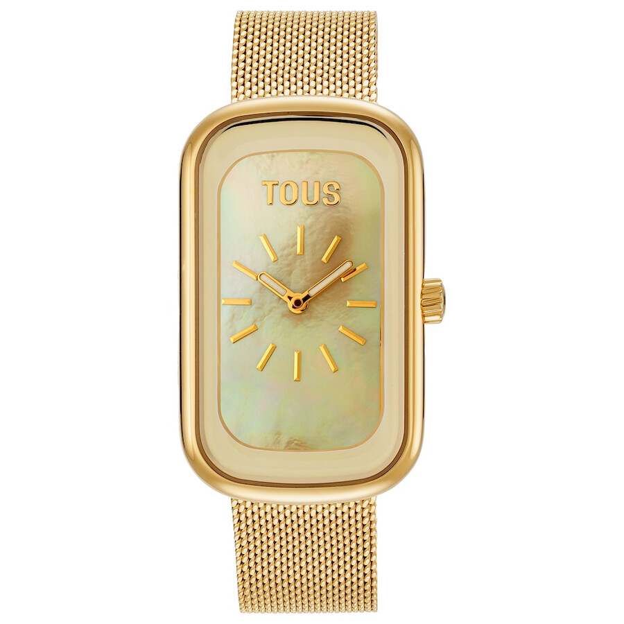 orologio analogico con quadrante in madreperla e bracciale in acciaio color oro t-band club