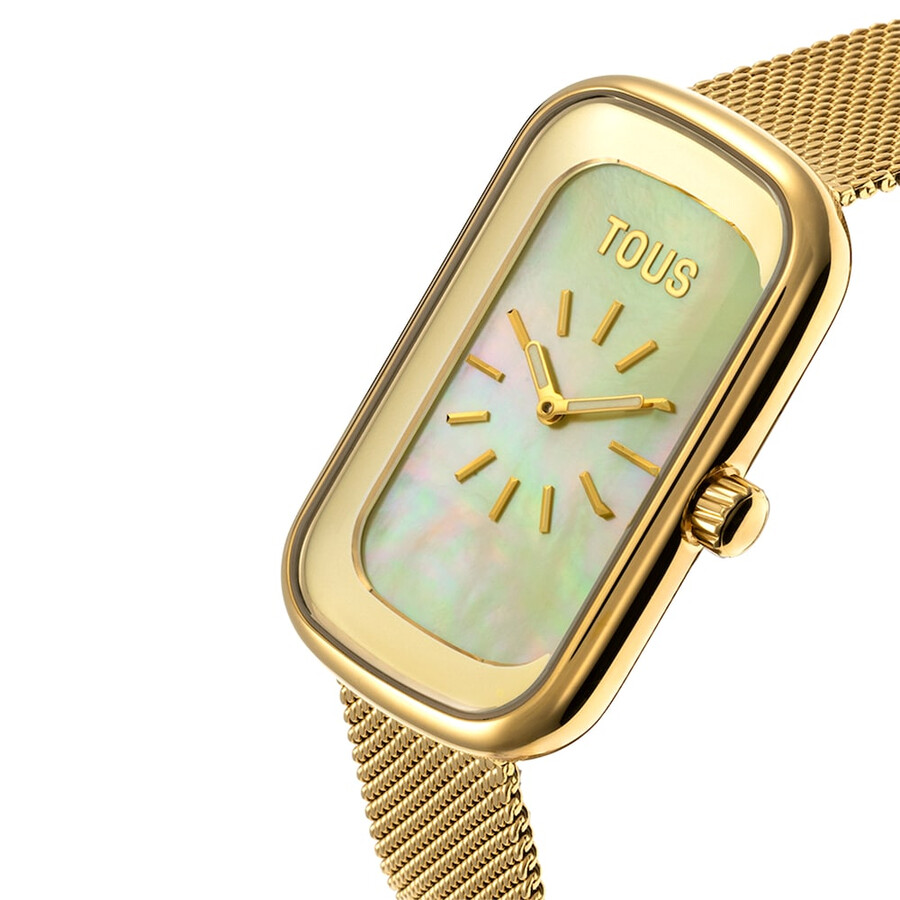 orologio analogico con quadrante in madreperla e bracciale in acciaio color oro t-band club