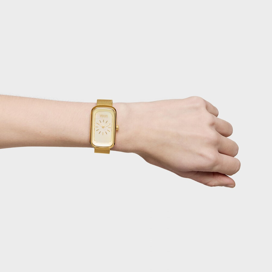 orologio analogico con quadrante in madreperla e bracciale in acciaio color oro t-band club