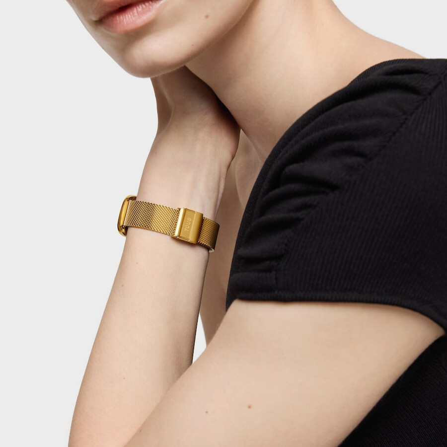orologio analogico con quadrante in madreperla e bracciale in acciaio color oro t-band club