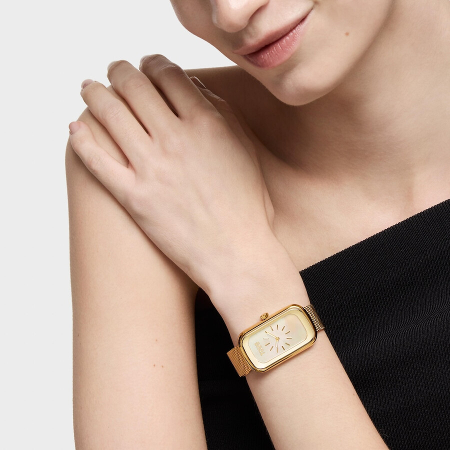 orologio analogico con quadrante in madreperla e bracciale in acciaio color oro t-band club