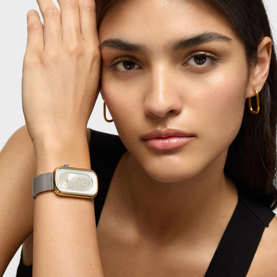 orologio analogico bicolore con sagoma di orso e bracciale in acciaio t-band club