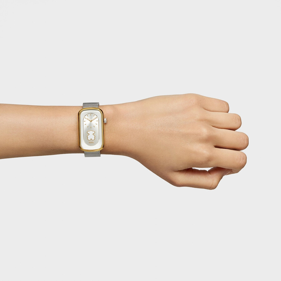 orologio analogico bicolore con sagoma di orso e bracciale in acciaio t-band club