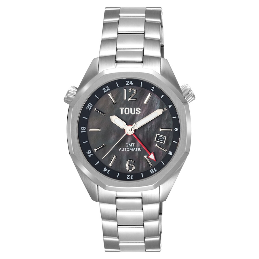 orologio automatico gmt con quadrante in madreperla grigia e bracciale a maglie in acciaio tous now