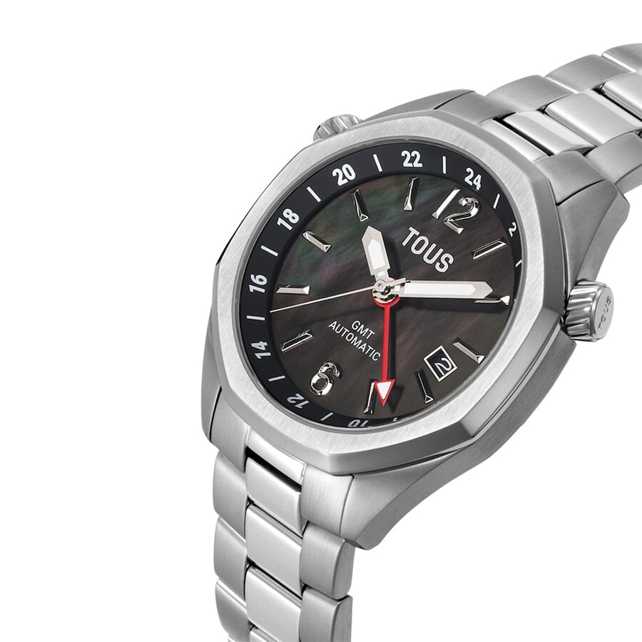 orologio automatico gmt con quadrante in madreperla grigia e bracciale a maglie in acciaio tous now