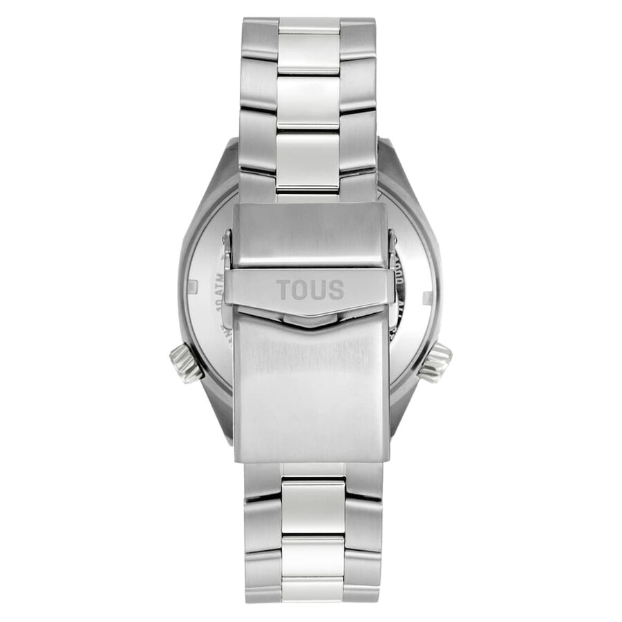 orologio automatico gmt con quadrante in madreperla grigia e bracciale a maglie in acciaio tous now