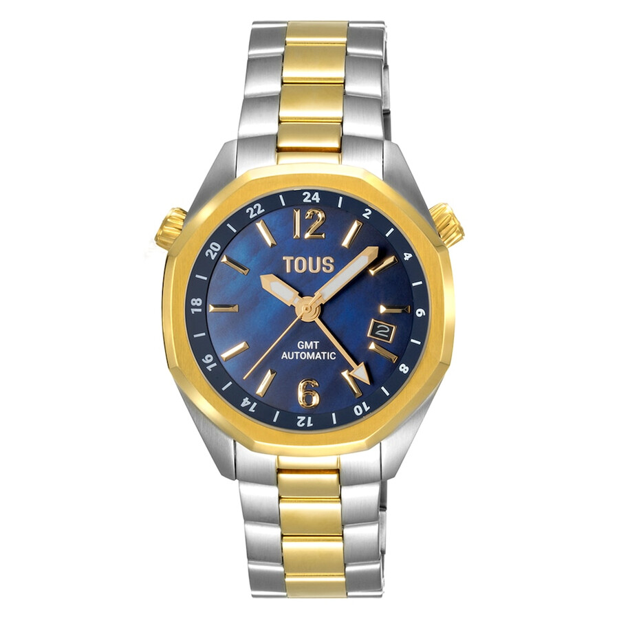 orologio automatico gmt con quadrante in madreperla blu e bracciale in acciaio bicolore tous now
