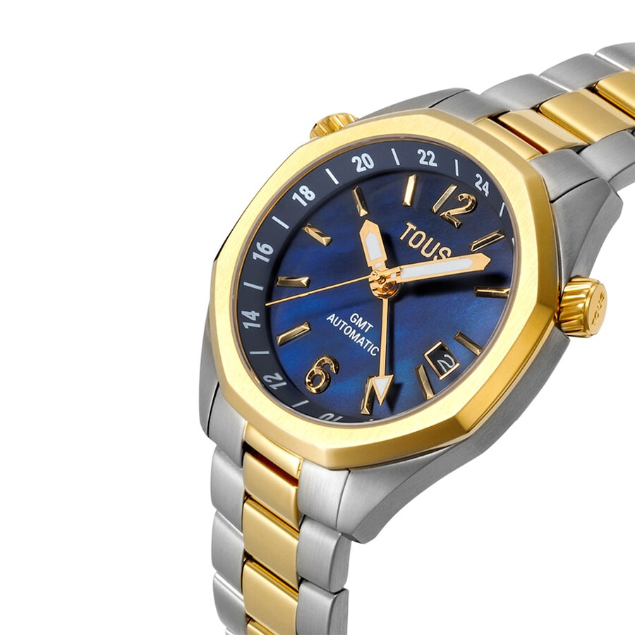 orologio automatico gmt con quadrante in madreperla blu e bracciale in acciaio bicolore tous now