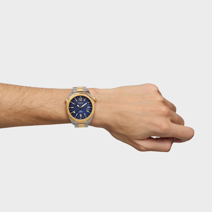orologio automatico gmt con quadrante in madreperla blu e bracciale in acciaio bicolore tous now