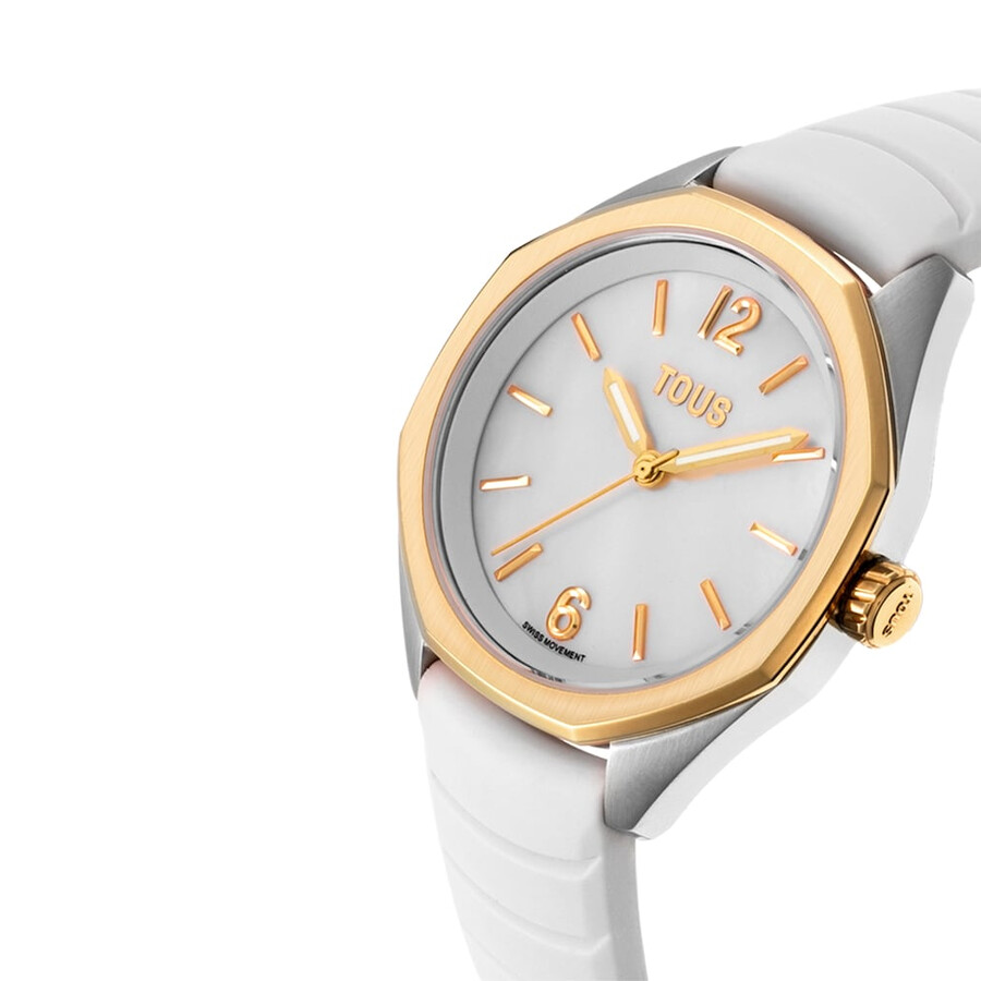 orologio analogico bicolore con movimento svizzero quadrante in madreperla e cinturino in gomma bianca tous now lady