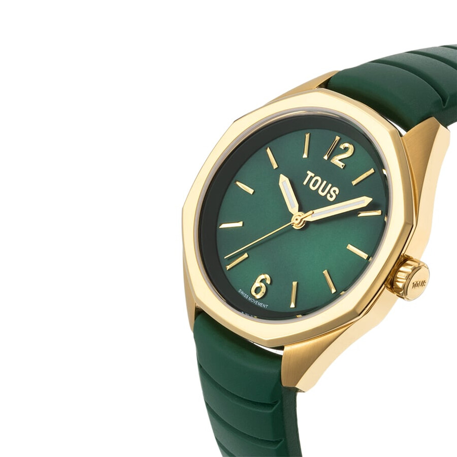 orologio analogico bicolore con movimento svizzero quadrante in madreperla e cinturino in gomma verde tous now lady