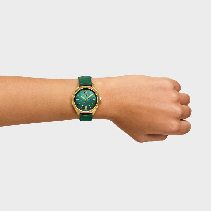 orologio analogico bicolore con movimento svizzero quadrante in madreperla e cinturino in gomma verde tous now lady