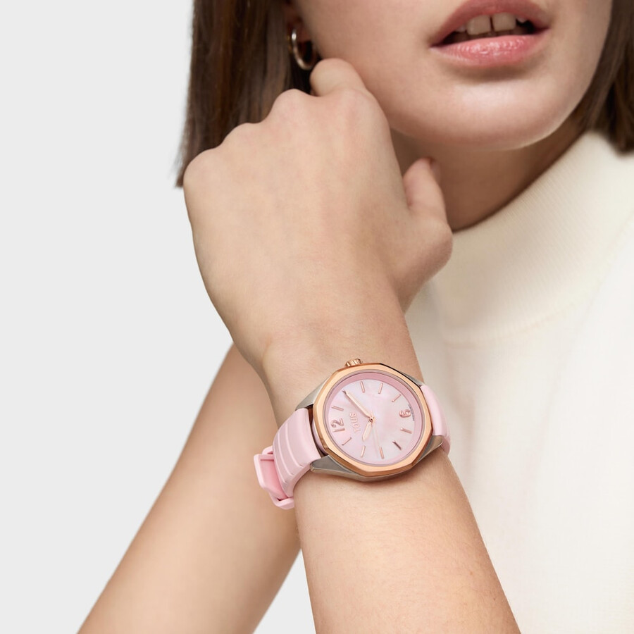 orologio analogico bicolore con movimento svizzero quadrante in madreperla e cinturino in gomma rosa tous now lady
