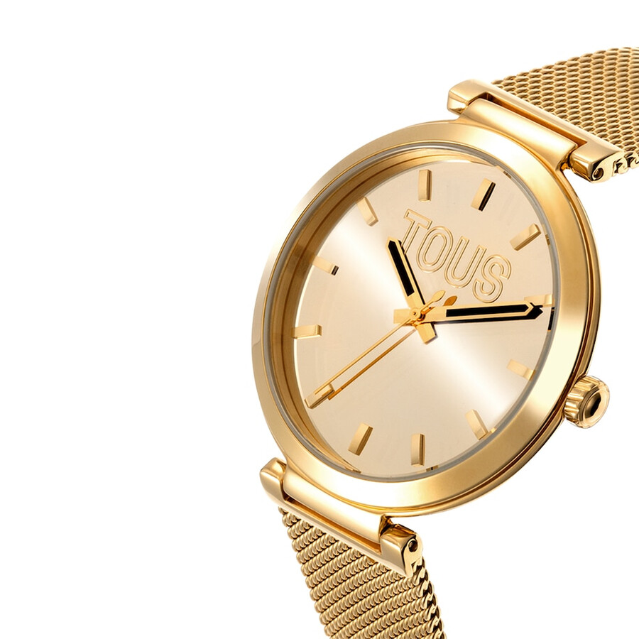 orologio analogico con quadrante color oro e cinturino s-mesh mirror