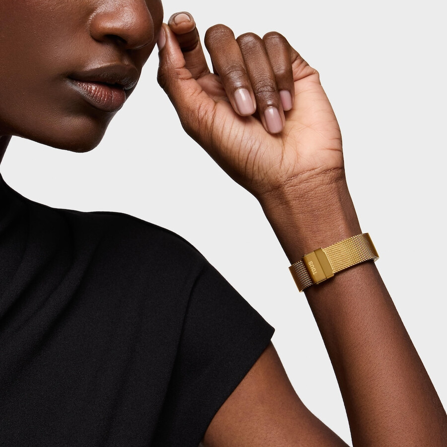 orologio analogico con quadrante color oro e cinturino s-mesh mirror