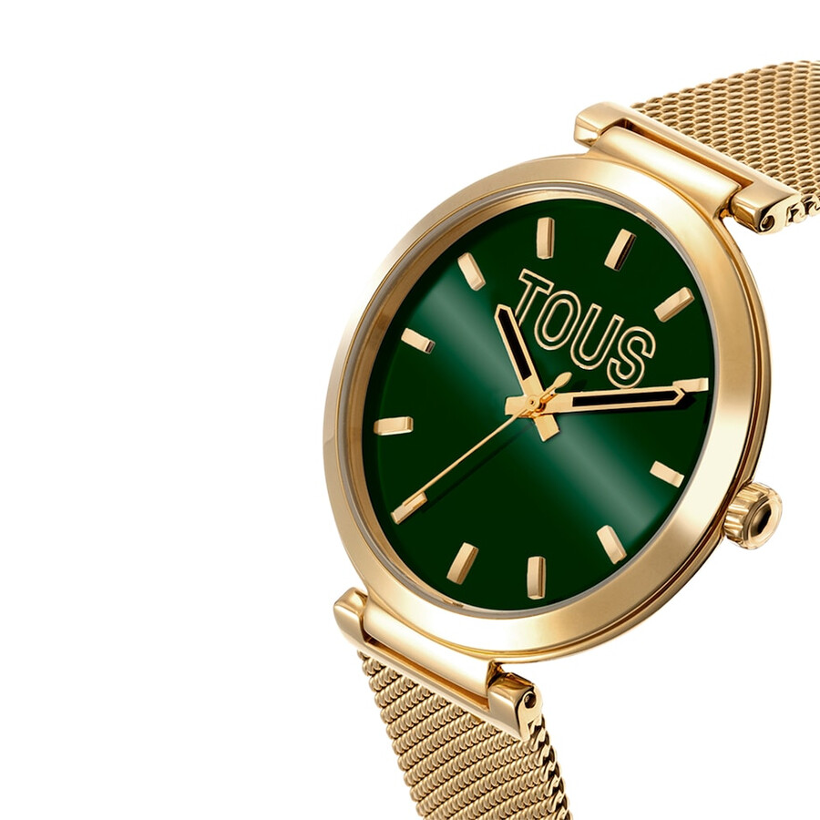 orologio analogico con quadrante verde e cinturino color oro s-mesh mirror