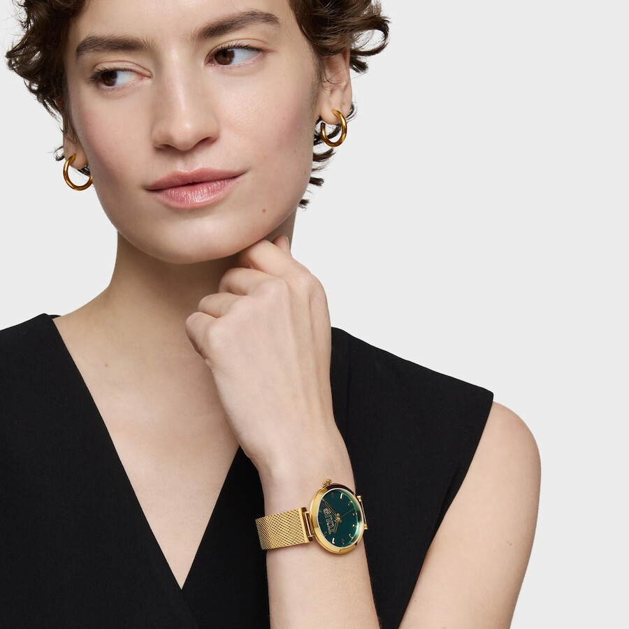 orologio analogico con quadrante verde e cinturino color oro s-mesh mirror