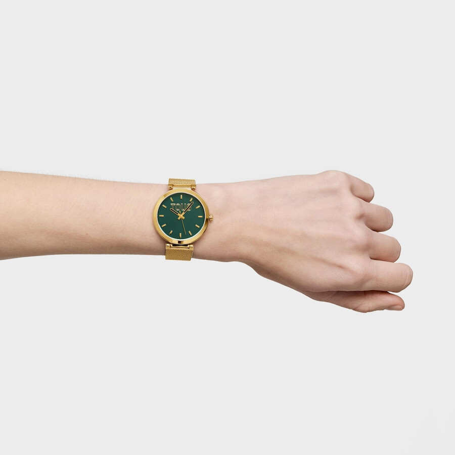 orologio analogico con quadrante verde e cinturino color oro s-mesh mirror