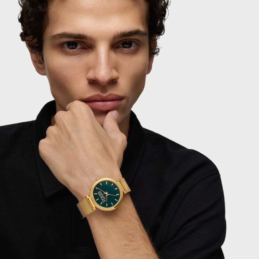 orologio analogico con quadrante verde e cinturino color oro s-mesh mirror