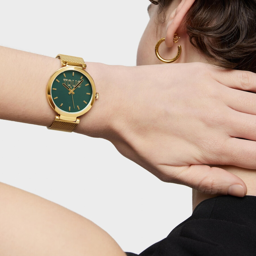 orologio analogico con quadrante verde e cinturino color oro s-mesh mirror