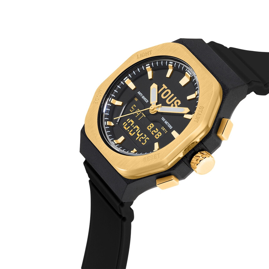 orologio analogicodigitale in acciaio color oro e cinturino in nylon nero bet