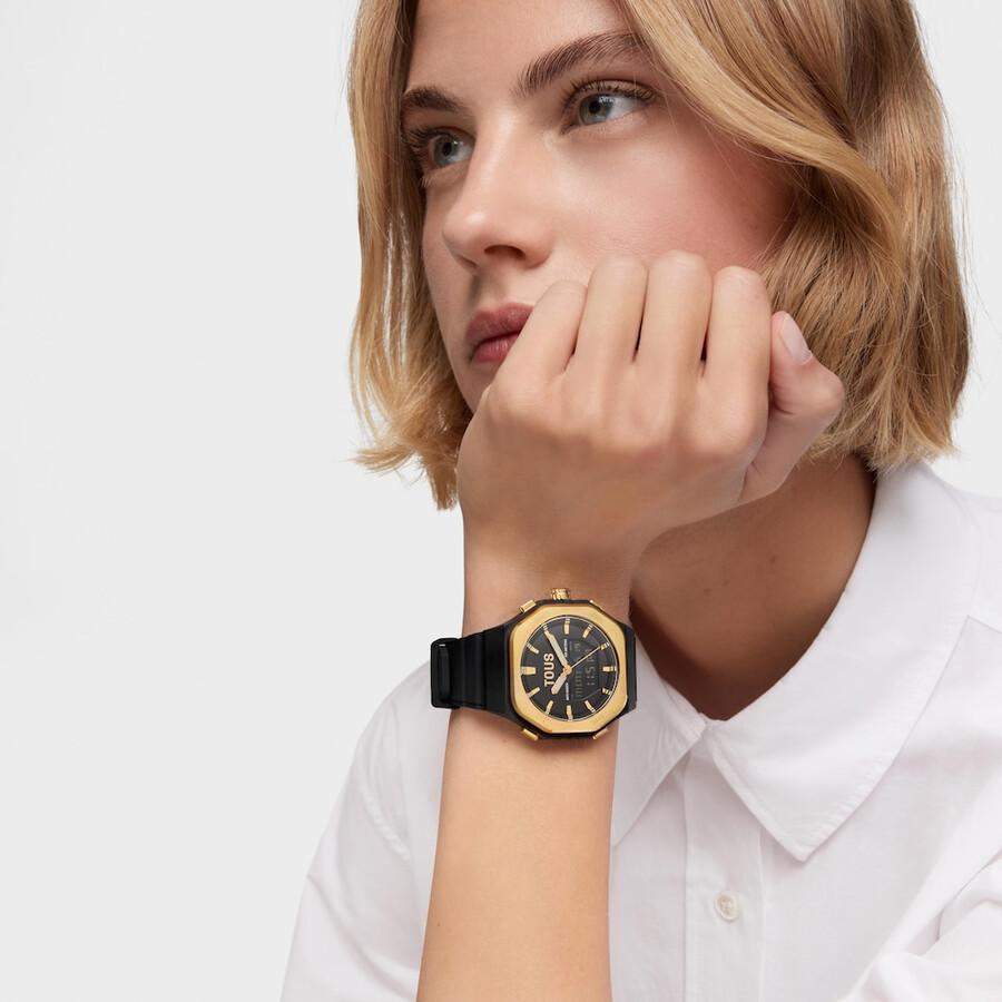 orologio analogicodigitale in acciaio color oro e cinturino in nylon nero bet