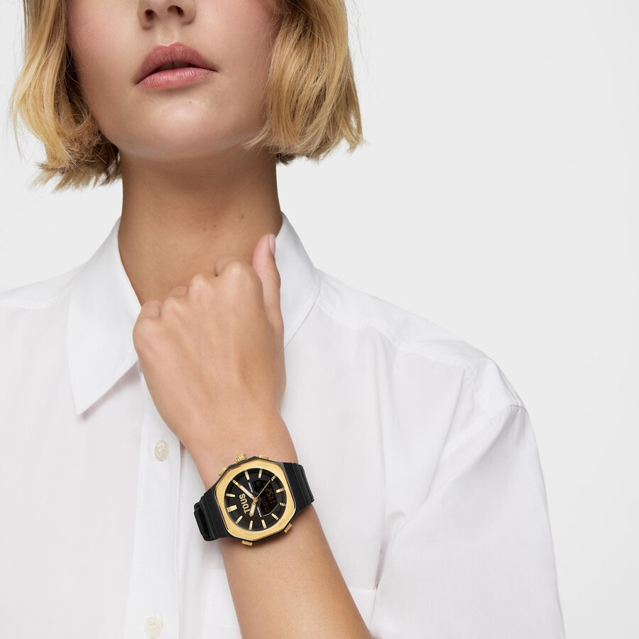 orologio analogicodigitale in acciaio color oro e cinturino in nylon nero bet