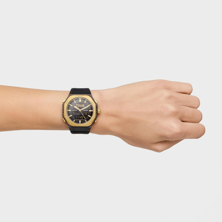 orologio analogicodigitale in acciaio color oro e cinturino in nylon nero bet