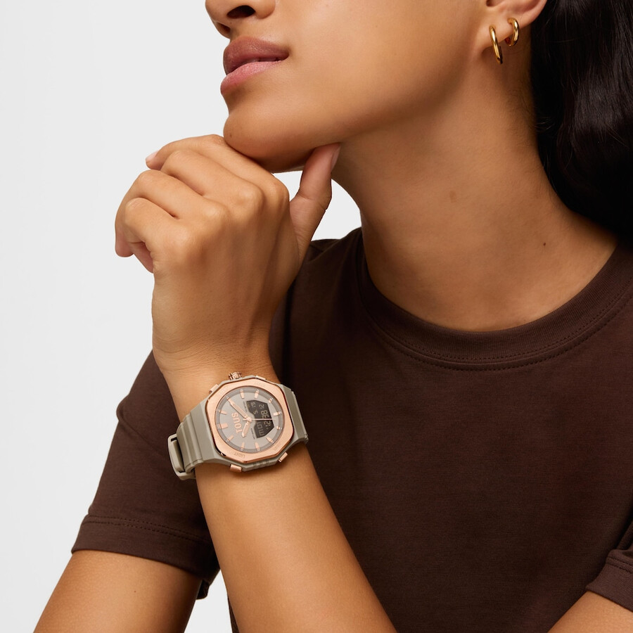 orologio analogicodigitale in acciaio color rosa e bracciale in nylon color tortora bet